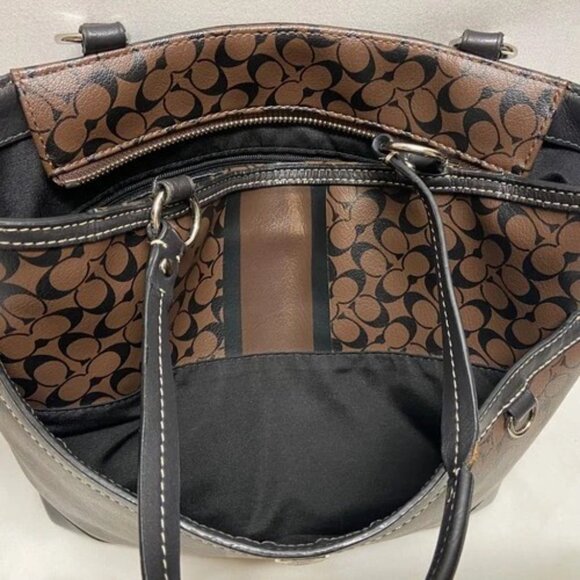 Coach Chelsea Heritage Tote F15137 Signature Stripe Black Brown Leather Handbag - Picture 10 of 16